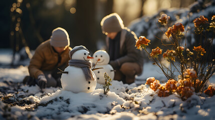Two boys create a snowman in the park during a white Christmas. Generative AI.