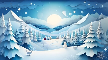 Fairytale winter landscape illustrated in paper art style with snow-covered trees, a smiling snowman and a graphic depiction of a peaceful village under a starry night with a full moon. A serene and 