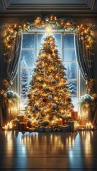 Enchanting Christmas interiors with a beautifully decorated Christmas tree, carefully wrapped presents and lit candles create a magical atmosphere. The festive atmosphere is accentuated by the view of