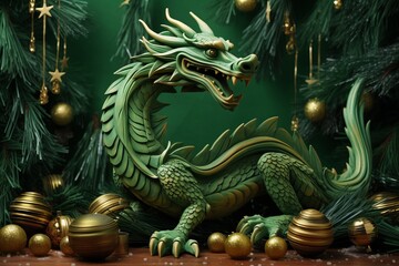 Fototapeta premium The fabulous green wooden dragon is the symbol of the 2024 New Year. Colorful bright stylish Christmas card