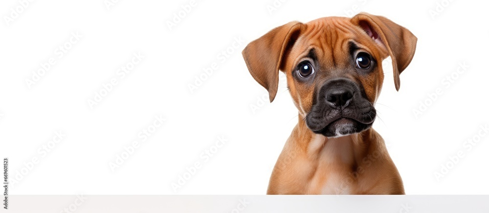 Poster Close up portrait of a beautiful puppy dog with a white background