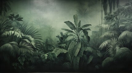 Vintage texture sketch of a jungle with leaves, tropical forest, and palm trees as wallpaper. Generative Ai.