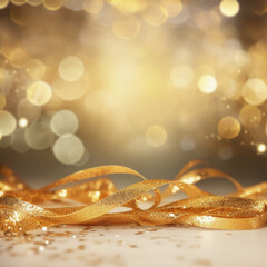 Golden blurred background with a bokeh effect, confetti, and golden ribbons. An abstract luxurious festive backdrop. Generative ai.