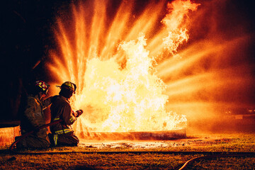 Firefighter Concept. Fireman using water and extinguisher to fighting with fire flame. firefighters fighting a fire with a hose and water during a firefighting training exercise