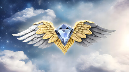 Blue diamond with golden and silver angel wings on sky background. Deep soul spiritual meditating and inner peace concept