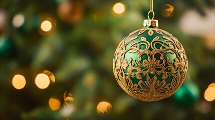green and gold glitter Christmas bauble ball decoration Ornament hanging from Christmas Tree, Bokeh lights holiday landscape background banner with copy space 