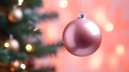 Pink glitter Christmas bauble ball decoration Ornament hanging from Christmas Tree, Bokeh lights holiday landscape background banner with copy space 