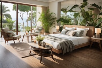 natural tropical resort bedroom interior cosy comfort nature material and surface finishing decorate with creative design bedroom with view of garden window view - obrazy, fototapety, plakaty
