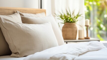 Close-up of pillows on bed in hotel room Home decor and interior design, bed with white bedding in luxury bedroom, bed linen laundry service and furniture details