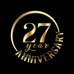 27 year anniversary celebration. Anniversary logo with golden color vector illustration.