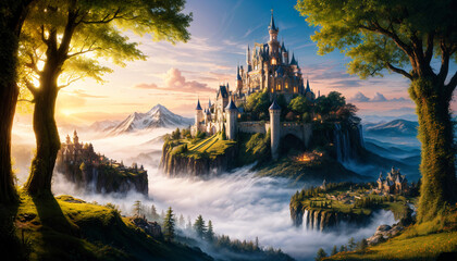 絵画風イラスト 霧の中の城 背景素材