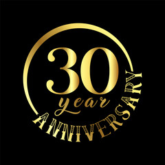 30 year anniversary celebration. Anniversary logo with golden color vector illustration.