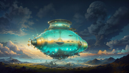 絵画風イラスト 巨大空中都市 背景素材