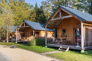 Fototapeta na wymiar Tiny wooden houses at campsite in Strasbourg in France