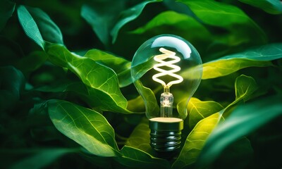 Energia Renovável e sustentável, lâmpada gerando energia limpa ao redor de folhas verdes. - obrazy, fototapety, plakaty