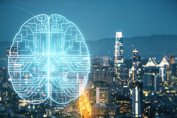 Virtual creative artificial Intelligence hologram with human brain sketch on San Francisco skyline background. Multiexposure