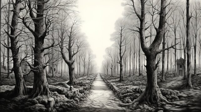 Black and white antique wallpaper depicting old European woodlands with trees Wallpaper design. Generative Ai.