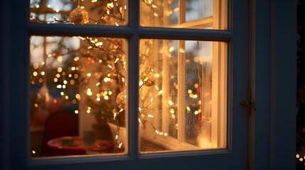 Christmas and Lighted Decorations and Tree from the Window, Festive Atmosphere, High-Quality 4K