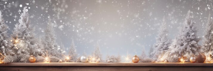 Christmas Backdrop: Festive Wood Table with Warm Decor and String Lights. Create a Cozy Holiday Atmosphere with Snowy Background for Winter and New Year. Perfect for Mock-ups and Advertising.