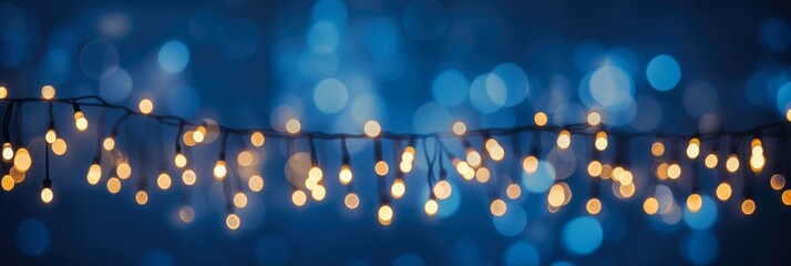 Glowing Christmas Lights Bokeh over Dark Blue Background. Holiday Decoration and Illumination Concept - obrazy, fototapety, plakaty