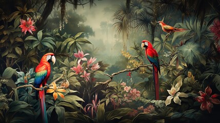 Jungle and foliage wallpaper vintage backdrop with flamingos and birds in a tropical jungle mural. Generative Ai.