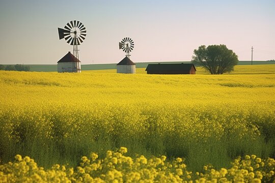 Farm windmills in crop field. Generative AI