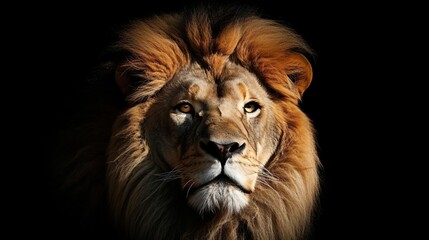 Portrait of a big male African lion on black background