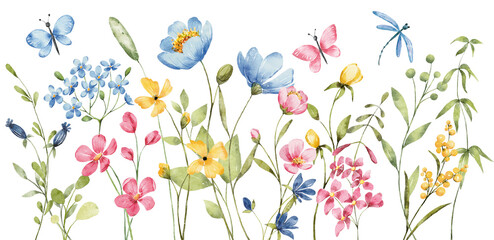 Border banner with watercolor wild flowers and butterflies. Floral decoration. Hand drawing.	