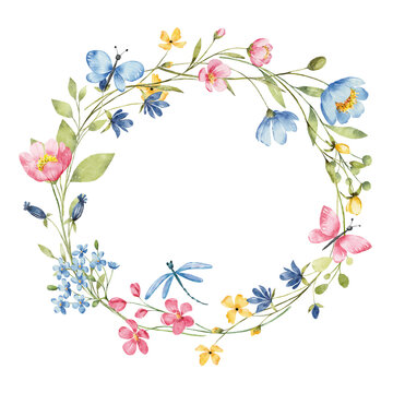 Wreath, floral frame, watercolor wild flowers and butterflies, Illustration hand drawing. Isolated on white background. Perfectly for greeting card design.
