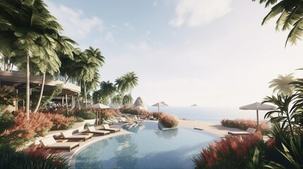 Luxurious beachfront resort swimming pool with tropical - obrazy, fototapety, plakaty