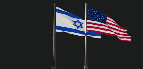 Israel Flag, United States Of America flag, Flag waving on dark background. 3D Design.