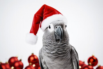African Grey Parrot with mistletoe and elf hat for New Year isolated on a white background 