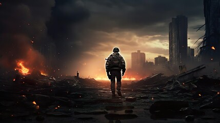 Fototapeta premium Lone soldier walking in destroyed city