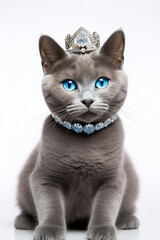 New Years Russian Blue cat with 2023 tiara and necklace isolated on a white background 