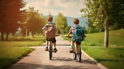 Obraz premium Two boys with backpacks on bicycles going to school