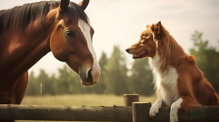 Red border collie dog and horse - obrazy, fototapety, plakaty