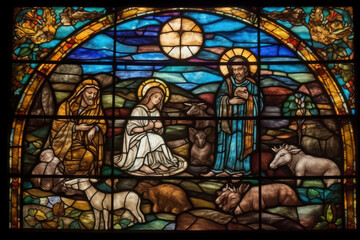 Stained glass window with motifs of the nativity of Jesus. Generative AI.