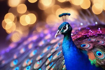 Gordijnen Christmas Peacock tail feathers lit with holiday lights background with empty space for text  © fotoworld