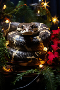 Christmas Ball Python snake entwined around yule log amidst twinkling fairy lights 