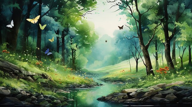 Watercolor painting depicting a woodland scene with trees, birds, and butterflies. Generative Ai.