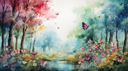 Fototapety  Watercolor painting depicting a woodland scene with trees, birds, and butterflies. Generative Ai.