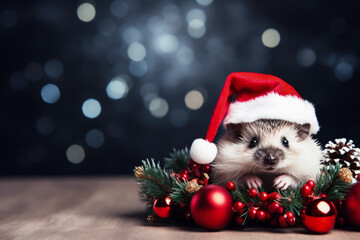 Christmas hedgehog dons tiny reindeer antlers background with empty space for text 