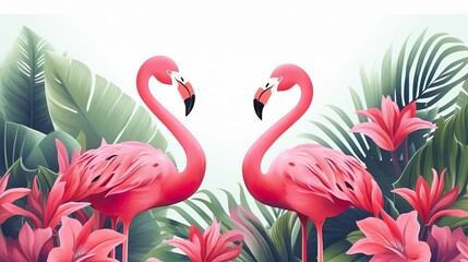 Tropical flowers plants leaves and flamingos Vector
