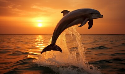 Photo of a playful dolphin leaping out of the water against a stunning sunset backdrop