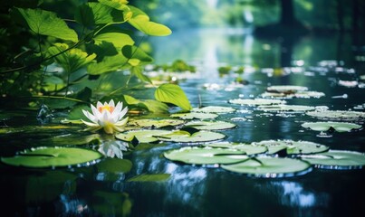 Photo of a serene white water lily floating on a calm lake