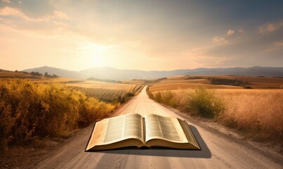 Photo of an open book resting on a dusty road, inviting passersby to explore its tales and secrets - obrazy, fototapety, plakaty