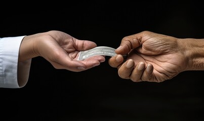 Photo of two business partners shaking hands over a pile of money