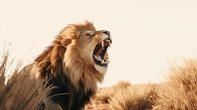 Side view of lion roaring in Etosha National Park