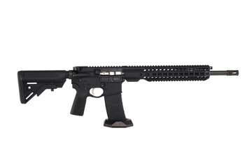 AR15 carbine, modern automatic black rifle isolated on white background. Weapons for police, special forces and the army.