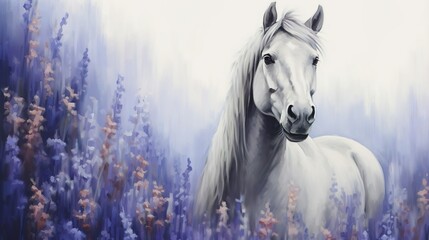Portrait of a grey horse among lupine flowers